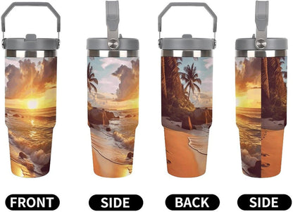 Stainless Steel Car Cup with Straw Tropical Floral Leaves Print Leakproof Tumbler Coffee Mug Double Wall Thermal Design for Hot Cold Beverages Perfect for Travel Home Car Use