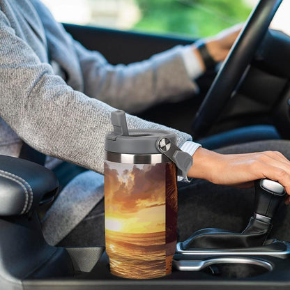 Stainless Steel Car Cup with Straw Tropical Floral Leaves Print Leakproof Tumbler Coffee Mug Double Wall Thermal Design for Hot Cold Beverages Perfect for Travel Home Car Use