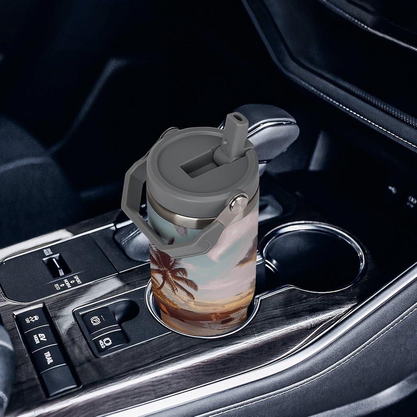 Stainless Steel Car Cup with Straw Tropical Floral Leaves Print Leakproof Tumbler Coffee Mug Double Wall Thermal Design for Hot Cold Beverages Perfect for Travel Home Car Use