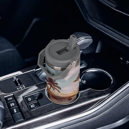 Stainless Steel Car Cup with Straw Tropical Floral Leaves Print Leakproof Tumbler Coffee Mug Double Wall Thermal Design for Hot Cold Beverages Perfect for Travel Home Car Use
