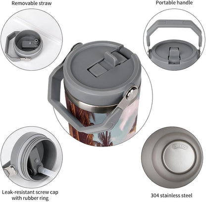 Stainless Steel Car Cup with Straw Tropical Floral Leaves Print Leakproof Tumbler Coffee Mug Double Wall Thermal Design for Hot Cold Beverages Perfect for Travel Home Car Use