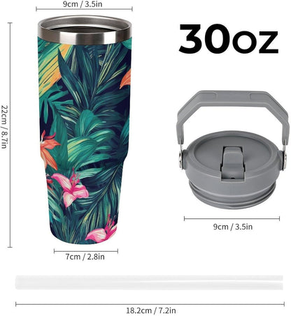Stainless Steel Car Cup with Straw Tropical Floral Leaves Print Leakproof Tumbler Coffee Mug Double Wall Thermal Design for Hot Cold Beverages Perfect for Travel Home Car Use