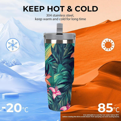 Stainless Steel Car Cup with Straw Tropical Floral Leaves Print Leakproof Tumbler Coffee Mug Double Wall Thermal Design for Hot Cold Beverages Perfect for Travel Home Car Use