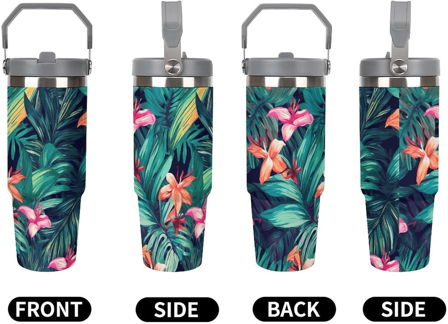 Stainless Steel Car Cup with Straw Tropical Floral Leaves Print Leakproof Tumbler Coffee Mug Double Wall Thermal Design for Hot Cold Beverages Perfect for Travel Home Car Use