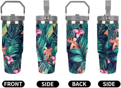 Stainless Steel Car Cup with Straw Tropical Floral Leaves Print Leakproof Tumbler Coffee Mug Double Wall Thermal Design for Hot Cold Beverages Perfect for Travel Home Car Use