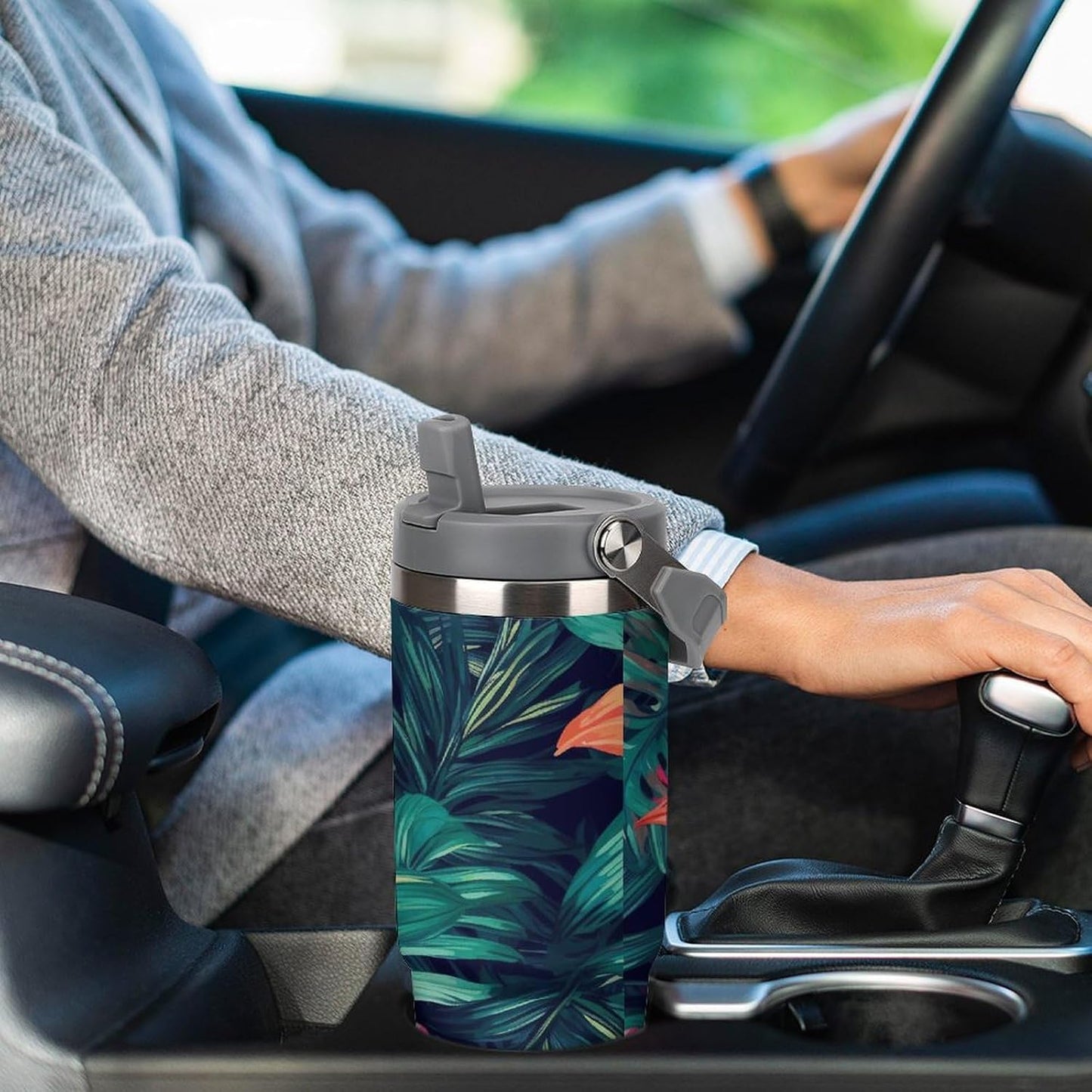 Stainless Steel Car Cup with Straw Tropical Floral Leaves Print Leakproof Tumbler Coffee Mug Double Wall Thermal Design for Hot Cold Beverages Perfect for Travel Home Car Use