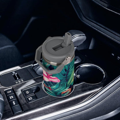 Stainless Steel Car Cup with Straw Tropical Floral Leaves Print Leakproof Tumbler Coffee Mug Double Wall Thermal Design for Hot Cold Beverages Perfect for Travel Home Car Use