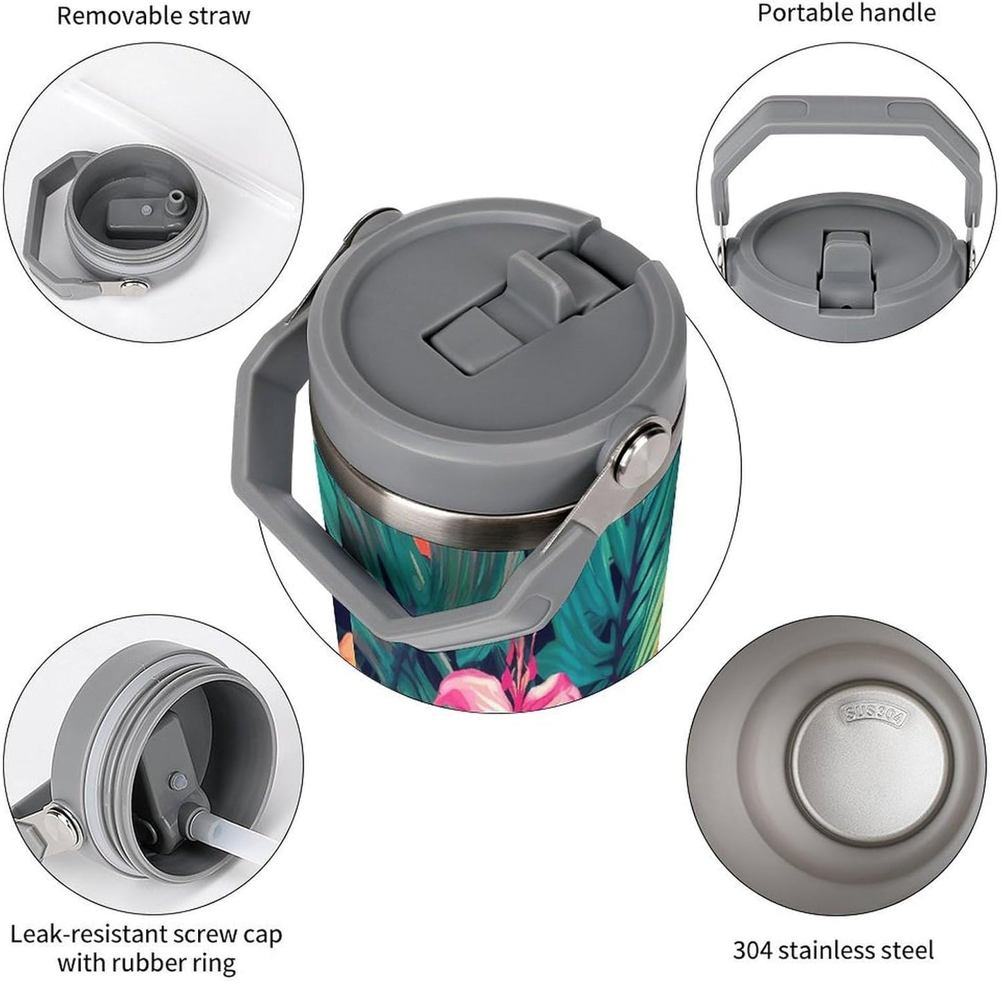 Stainless Steel Car Cup with Straw Tropical Floral Leaves Print Leakproof Tumbler Coffee Mug Double Wall Thermal Design for Hot Cold Beverages Perfect for Travel Home Car Use