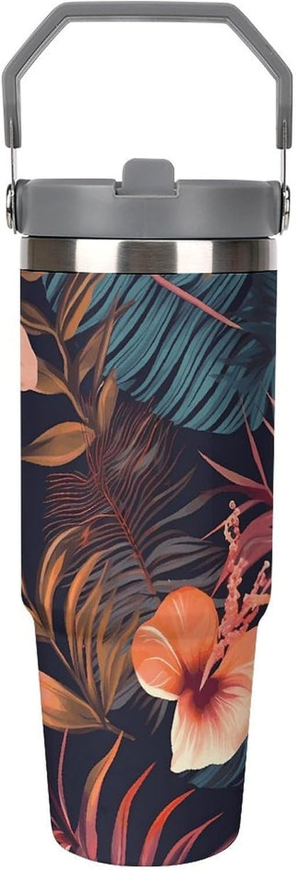 Stainless Steel Car Cup with Straw Tropical Floral Leaves Print Leakproof Tumbler Coffee Mug Double Wall Thermal Design for Hot Cold Beverages Perfect for Travel Home Car Use