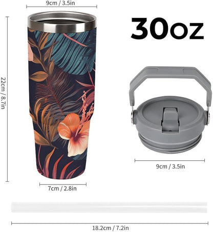 Stainless Steel Car Cup with Straw Tropical Floral Leaves Print Leakproof Tumbler Coffee Mug Double Wall Thermal Design for Hot Cold Beverages Perfect for Travel Home Car Use