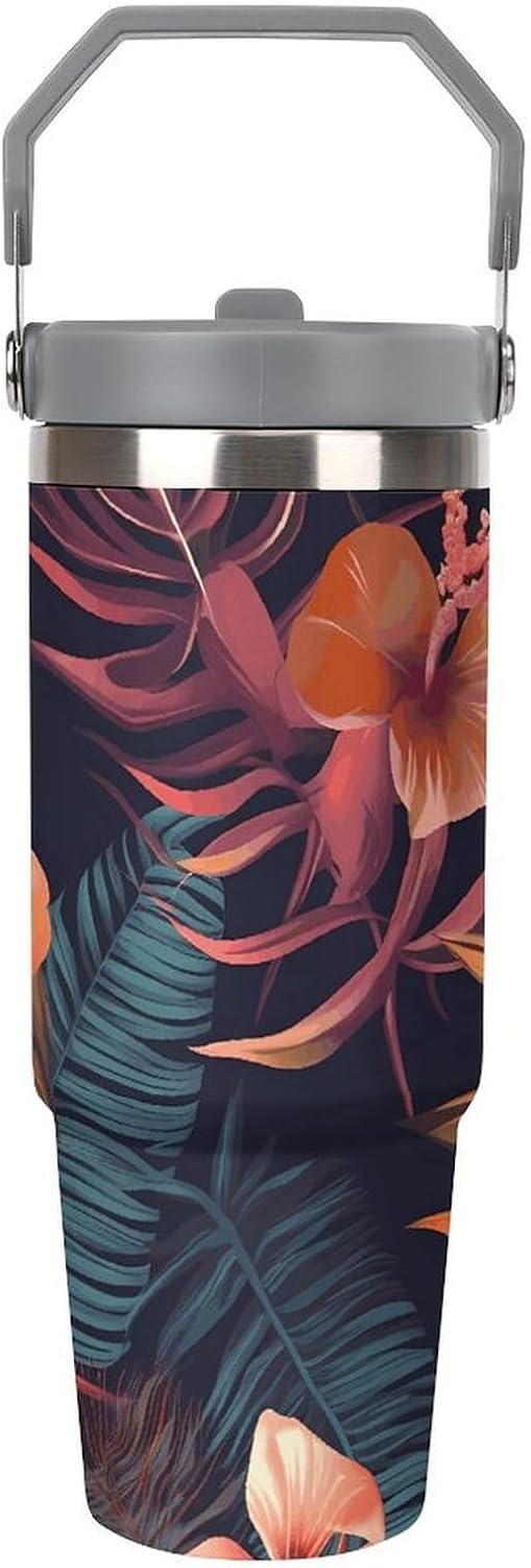 Stainless Steel Car Cup with Straw Tropical Floral Leaves Print Leakproof Tumbler Coffee Mug Double Wall Thermal Design for Hot Cold Beverages Perfect for Travel Home Car Use