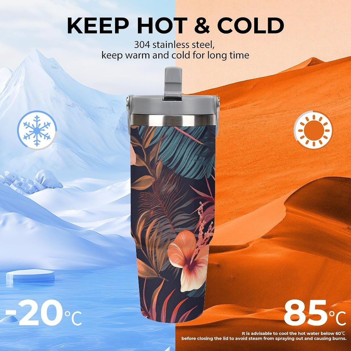 Stainless Steel Car Cup with Straw Tropical Floral Leaves Print Leakproof Tumbler Coffee Mug Double Wall Thermal Design for Hot Cold Beverages Perfect for Travel Home Car Use