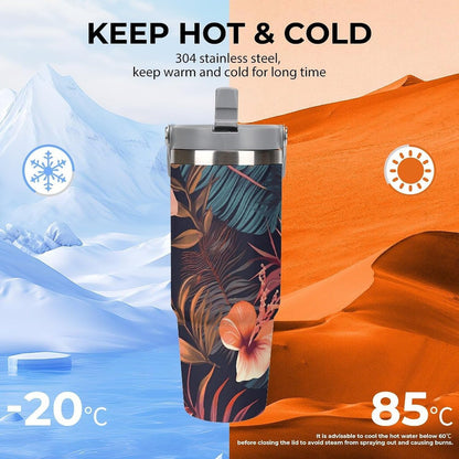 Stainless Steel Car Cup with Straw Tropical Floral Leaves Print Leakproof Tumbler Coffee Mug Double Wall Thermal Design for Hot Cold Beverages Perfect for Travel Home Car Use