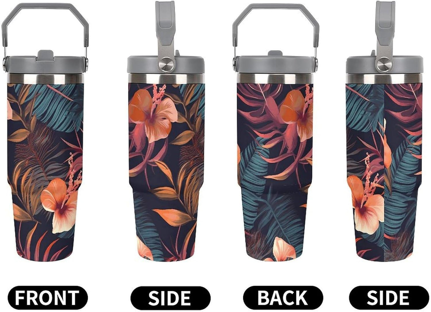 Stainless Steel Car Cup with Straw Tropical Floral Leaves Print Leakproof Tumbler Coffee Mug Double Wall Thermal Design for Hot Cold Beverages Perfect for Travel Home Car Use