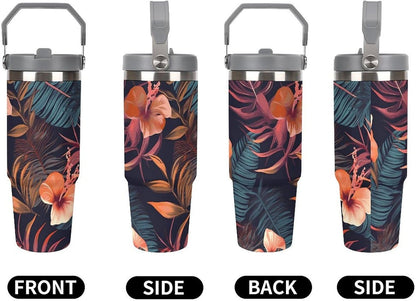 Stainless Steel Car Cup with Straw Tropical Floral Leaves Print Leakproof Tumbler Coffee Mug Double Wall Thermal Design for Hot Cold Beverages Perfect for Travel Home Car Use