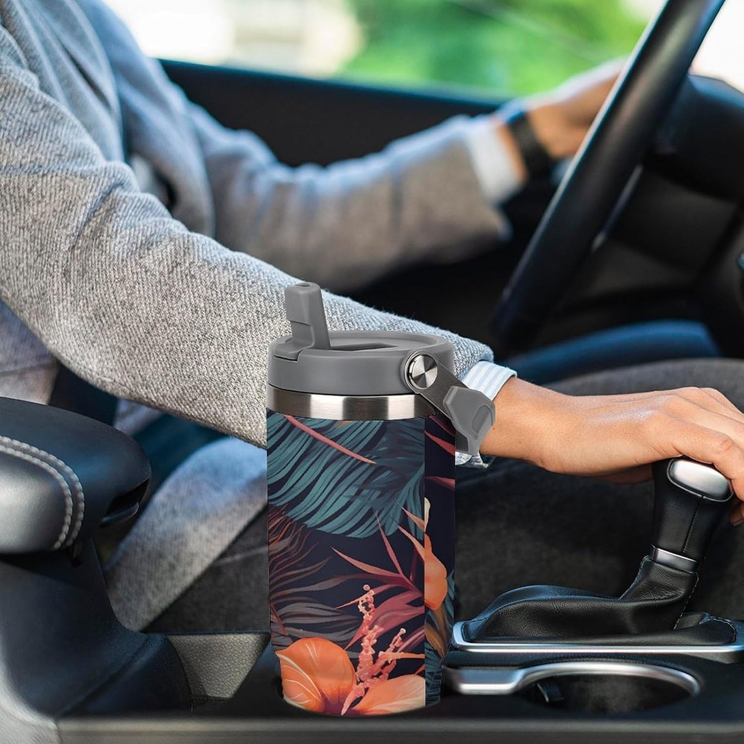 Stainless Steel Car Cup with Straw Tropical Floral Leaves Print Leakproof Tumbler Coffee Mug Double Wall Thermal Design for Hot Cold Beverages Perfect for Travel Home Car Use