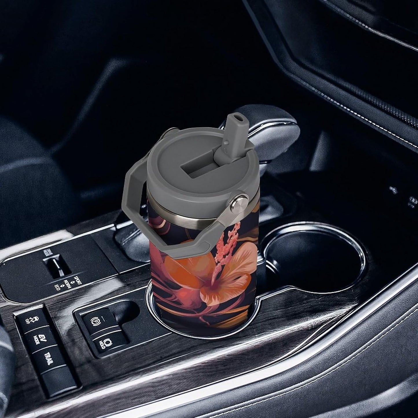 Stainless Steel Car Cup with Straw Tropical Floral Leaves Print Leakproof Tumbler Coffee Mug Double Wall Thermal Design for Hot Cold Beverages Perfect for Travel Home Car Use