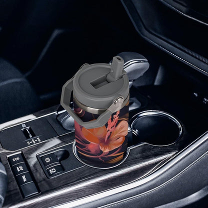 Stainless Steel Car Cup with Straw Tropical Floral Leaves Print Leakproof Tumbler Coffee Mug Double Wall Thermal Design for Hot Cold Beverages Perfect for Travel Home Car Use