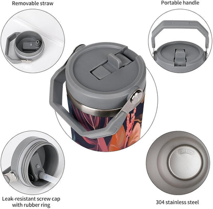 Stainless Steel Car Cup with Straw Tropical Floral Leaves Print Leakproof Tumbler Coffee Mug Double Wall Thermal Design for Hot Cold Beverages Perfect for Travel Home Car Use
