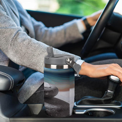 Stainless Steel Car Cup with Straw Tropical Floral Leaves Print Leakproof Tumbler Coffee Mug Double Wall Thermal Design for Hot Cold Beverages Perfect for Travel Home Car Use