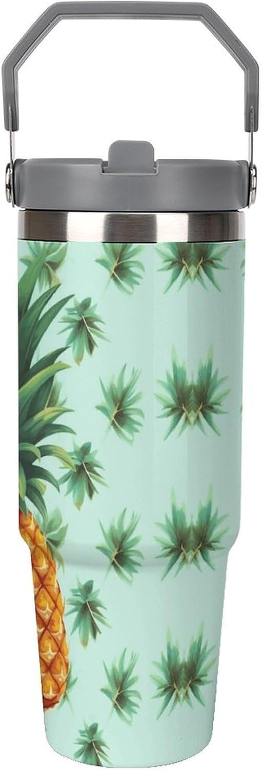 Stainless Steel Car Cup with Straw Tropical Floral Leaves Print Leakproof Tumbler Coffee Mug Double Wall Thermal Design for Hot Cold Beverages Perfect for Travel Home Car Use