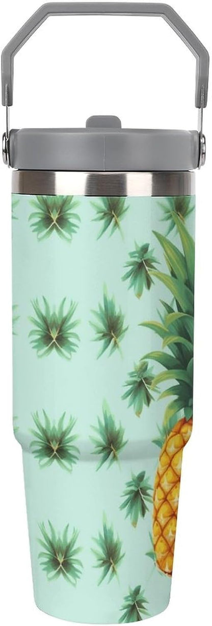 Stainless Steel Car Cup with Straw Tropical Floral Leaves Print Leakproof Tumbler Coffee Mug Double Wall Thermal Design for Hot Cold Beverages Perfect for Travel Home Car Use