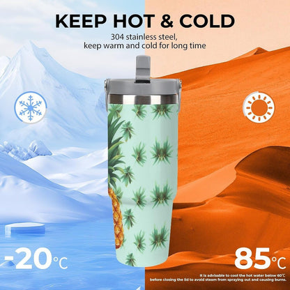 Stainless Steel Car Cup with Straw Tropical Floral Leaves Print Leakproof Tumbler Coffee Mug Double Wall Thermal Design for Hot Cold Beverages Perfect for Travel Home Car Use