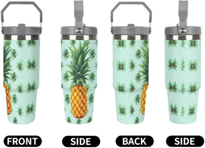 Stainless Steel Car Cup with Straw Tropical Floral Leaves Print Leakproof Tumbler Coffee Mug Double Wall Thermal Design for Hot Cold Beverages Perfect for Travel Home Car Use
