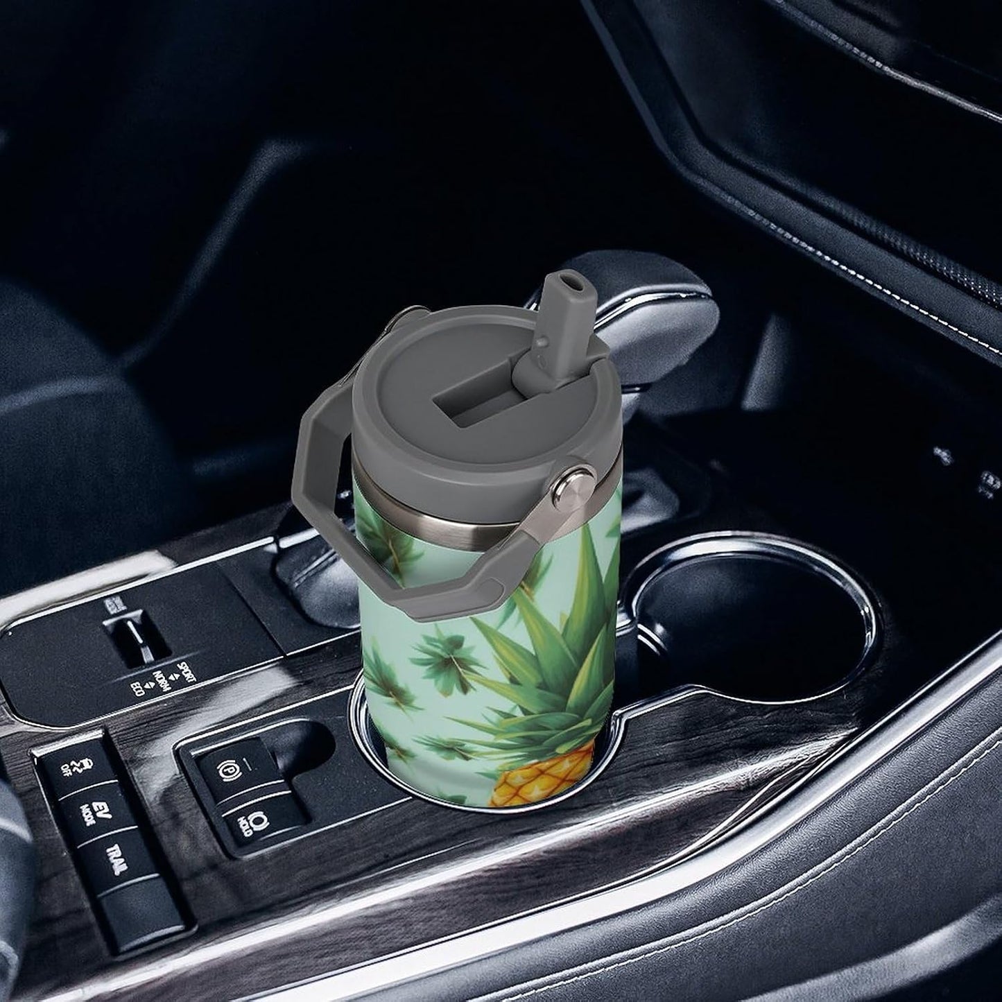 Stainless Steel Car Cup with Straw Tropical Floral Leaves Print Leakproof Tumbler Coffee Mug Double Wall Thermal Design for Hot Cold Beverages Perfect for Travel Home Car Use