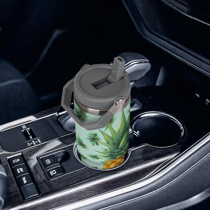 Stainless Steel Car Cup with Straw Tropical Floral Leaves Print Leakproof Tumbler Coffee Mug Double Wall Thermal Design for Hot Cold Beverages Perfect for Travel Home Car Use
