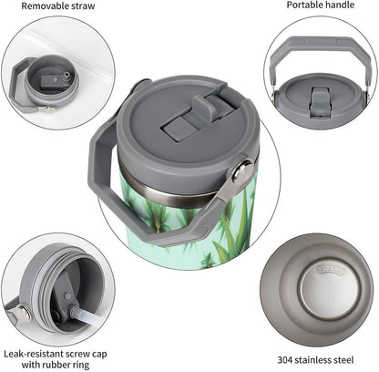 Stainless Steel Car Cup with Straw Tropical Floral Leaves Print Leakproof Tumbler Coffee Mug Double Wall Thermal Design for Hot Cold Beverages Perfect for Travel Home Car Use