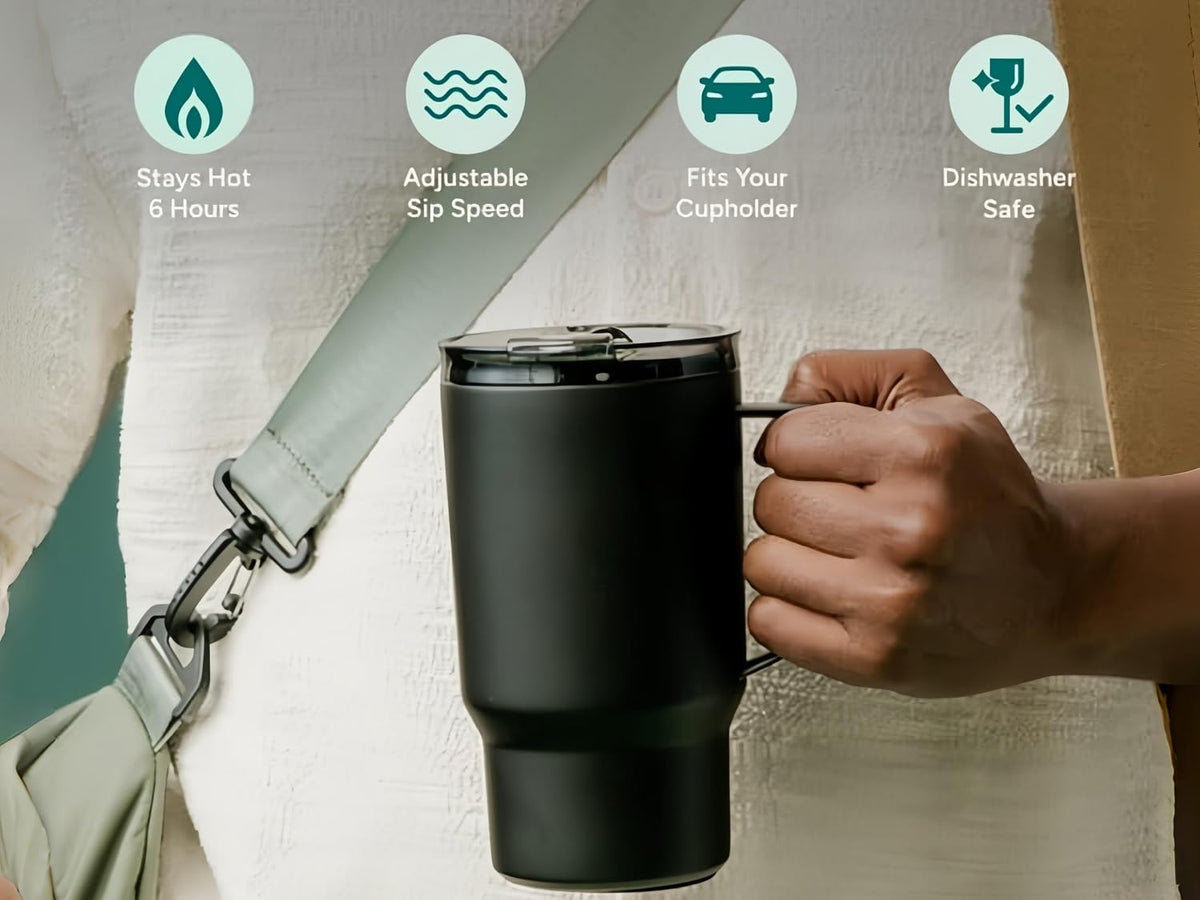 Coffee Travel Mug 18 oz, Insulated with Handle, Stainless Steel, Black