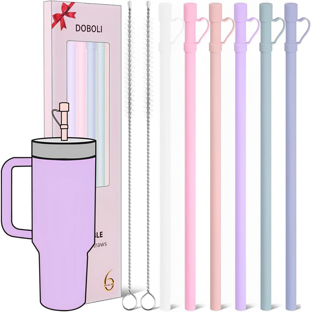 Reusable Replacement 12 inch Long Silicone Straw With Cover, Stocking Stuffers Gifts for Women Men Teens Girls Boys, Compatible with Stanley Tumbler Cup Accessorie 40 oz 30 oz (6 Pack)