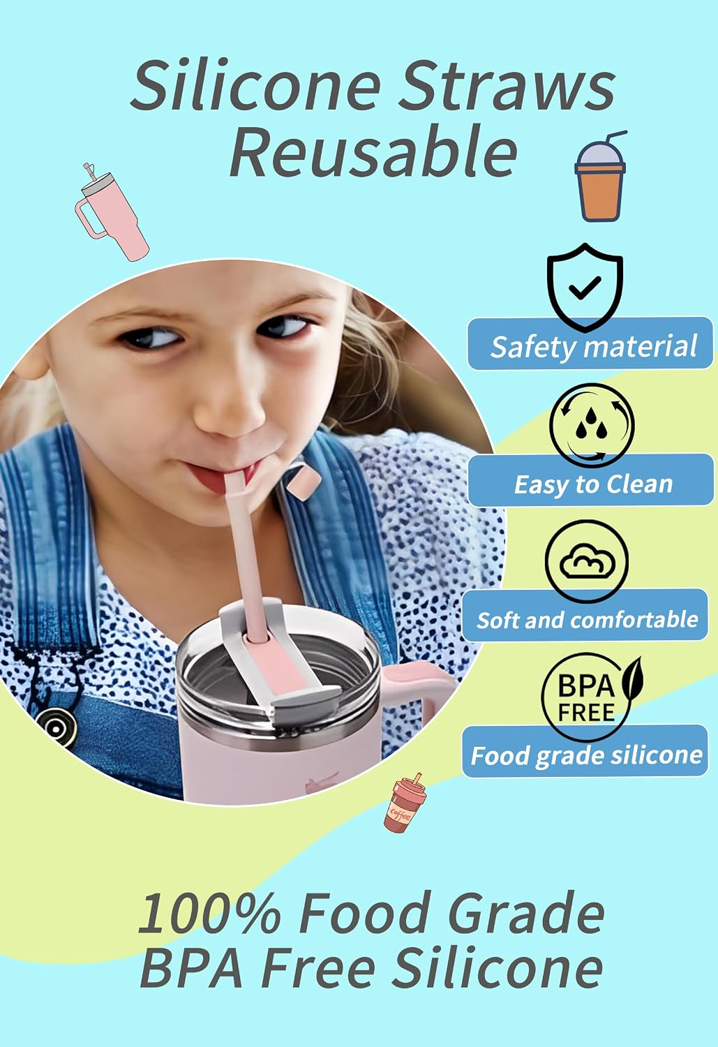 Reusable Replacement 12 inch Long Silicone Straw With Cover, Stocking Stuffers Gifts for Women Men Teens Girls Boys, Compatible with Stanley Tumbler Cup Accessorie 40 oz 30 oz (6 Pack)