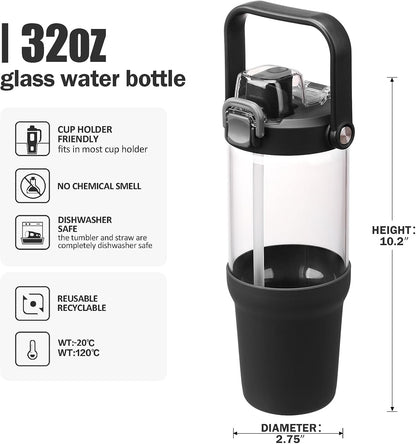Glass Tumbler with Carry Handle, Clear Glass Water Bottle with Leakproof Lid, Spout Lid&Straw, BPA-Free, 32 oz, Black
