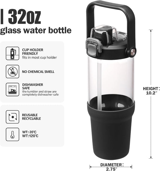 Glass Tumbler with Carry Handle, Clear Glass Water Bottle with Leakproof Lid, Spout Lid&Straw, BPA-Free, 32 oz, Black