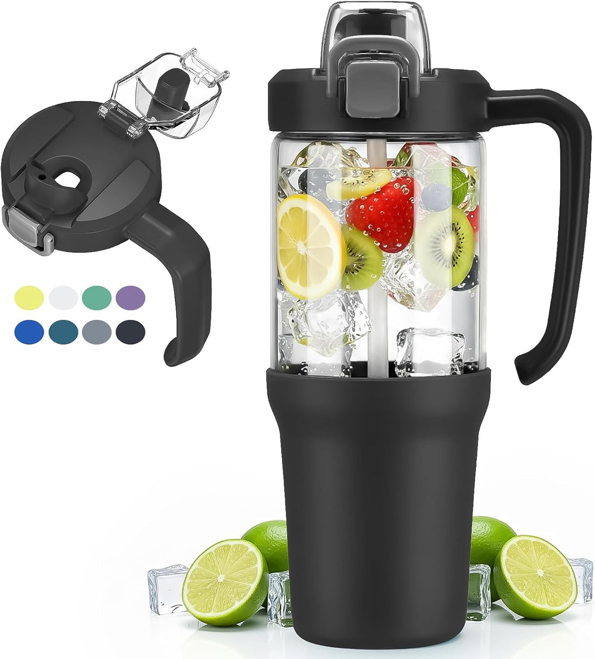 Glass Tumbler with Carry Handle, Clear Glass Water Bottle with Leakproof Lid, Spout Lid&Straw, BPA-Free, 32 oz, Black