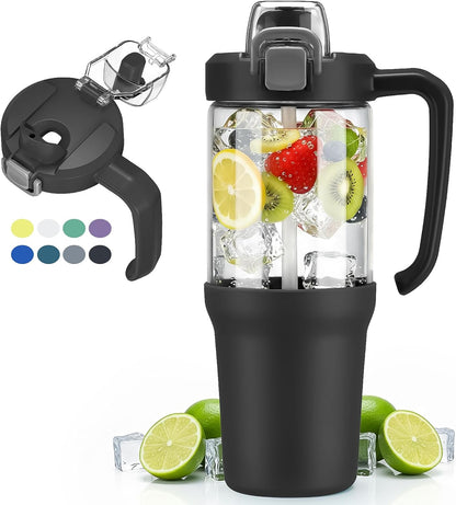 Glass Tumbler with Carry Handle, Clear Glass Water Bottle with Leakproof Lid, Spout Lid&Straw, BPA-Free, 32 oz, Black