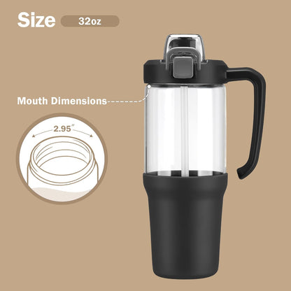 Glass Tumbler with Carry Handle, Clear Glass Water Bottle with Leakproof Lid, Spout Lid&Straw, BPA-Free, 32 oz, Black