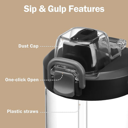 Glass Tumbler with Carry Handle, Clear Glass Water Bottle with Leakproof Lid, Spout Lid&Straw, BPA-Free, 32 oz, Black