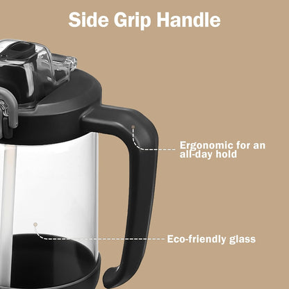 Glass Tumbler with Carry Handle, Clear Glass Water Bottle with Leakproof Lid, Spout Lid&Straw, BPA-Free, 32 oz, Black