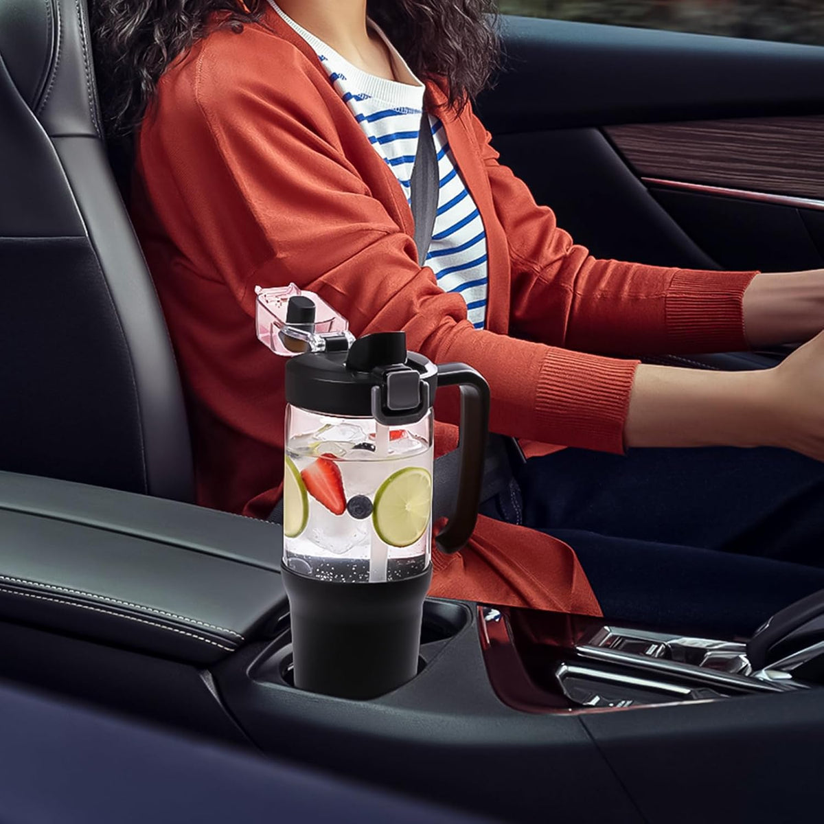 Glass Tumbler with Carry Handle, Clear Glass Water Bottle with Leakproof Lid, Spout Lid&Straw, BPA-Free, 32 oz, Black