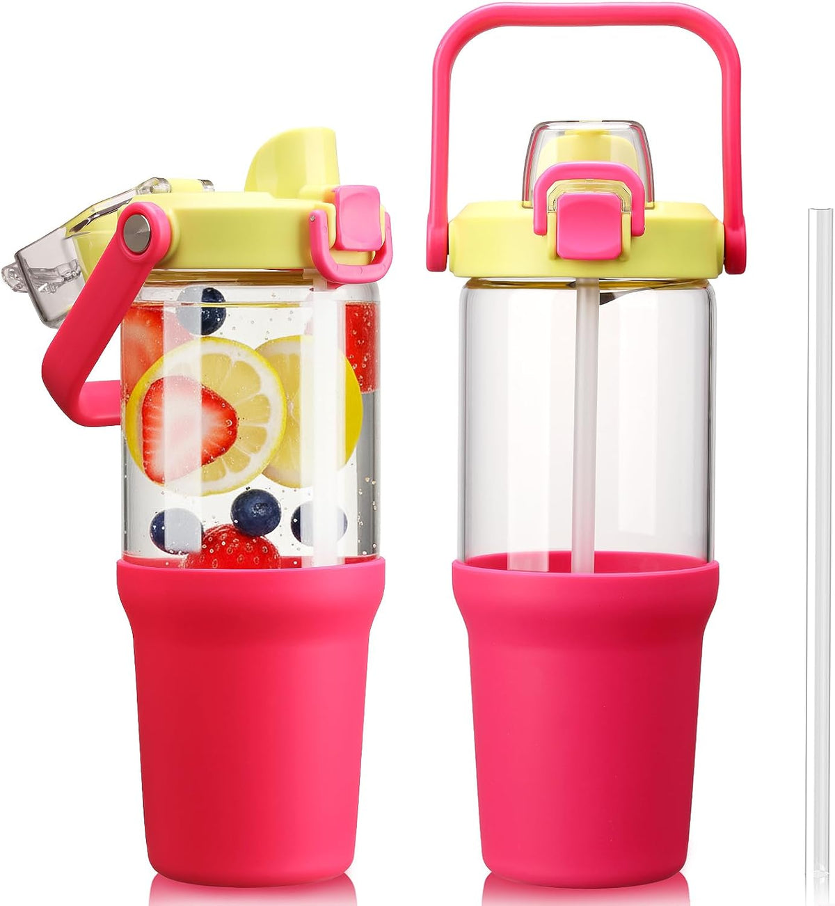 Glass Tumbler with Carry Handle, Clear Glass Water Bottle with Leakproof Lid, Spout Lid&Straw, BPA-Free, 32 oz, Black