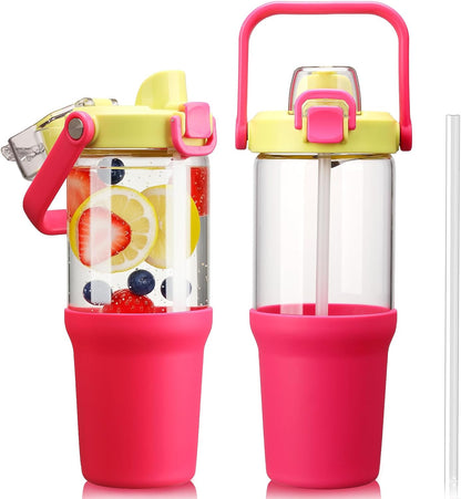 Glass Tumbler with Carry Handle, Clear Glass Water Bottle with Leakproof Lid, Spout Lid&Straw, BPA-Free, 32 oz, Black