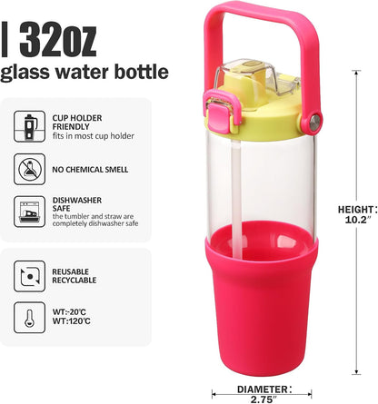 Glass Tumbler with Carry Handle, Clear Glass Water Bottle with Leakproof Lid, Spout Lid&Straw, BPA-Free, 32 oz, Black