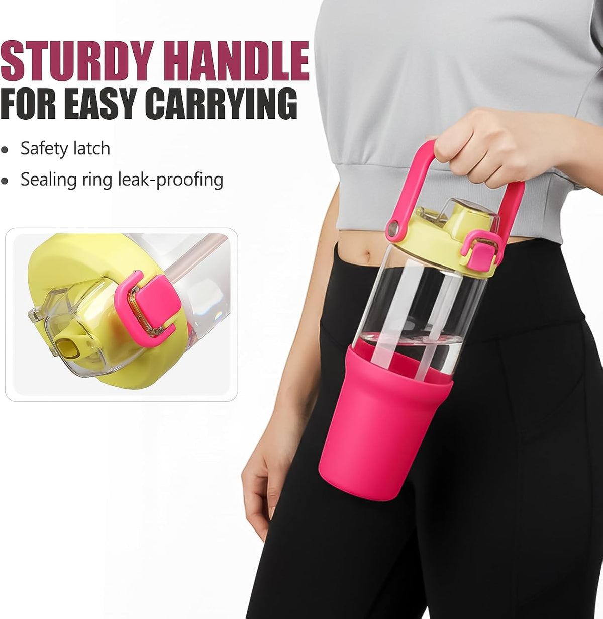 Glass Tumbler with Carry Handle, Clear Glass Water Bottle with Leakproof Lid, Spout Lid&Straw, BPA-Free, 32 oz, Black
