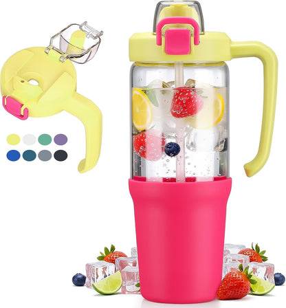 Glass Tumbler with Carry Handle, Clear Glass Water Bottle with Leakproof Lid, Spout Lid&Straw, BPA-Free, 32 oz, Black