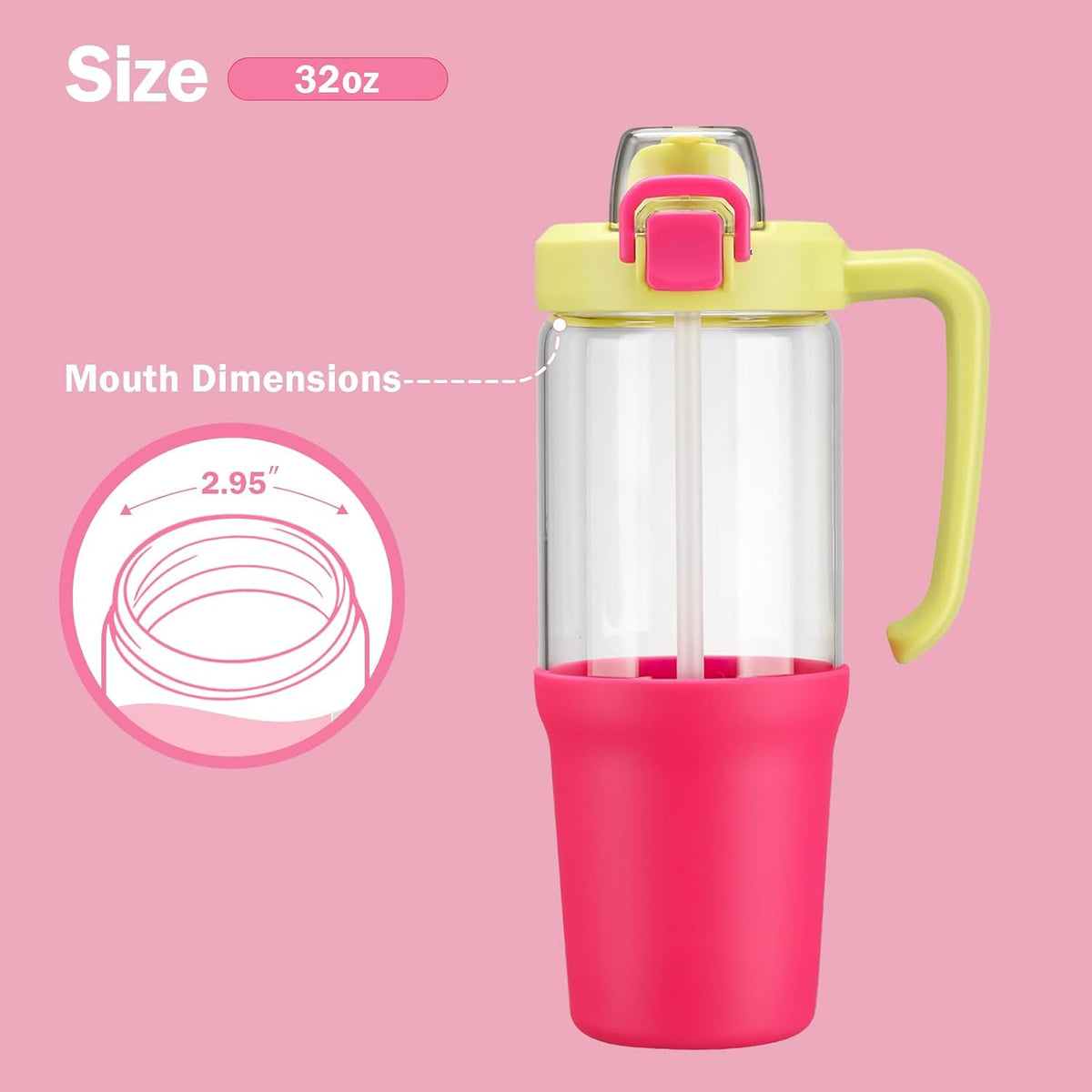 Glass Tumbler with Carry Handle, Clear Glass Water Bottle with Leakproof Lid, Spout Lid&Straw, BPA-Free, 32 oz, Black