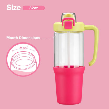 Glass Tumbler with Carry Handle, Clear Glass Water Bottle with Leakproof Lid, Spout Lid&Straw, BPA-Free, 32 oz, Black