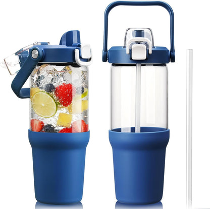 Glass Tumbler with Carry Handle, Clear Glass Water Bottle with Leakproof Lid, Spout Lid&Straw, BPA-Free, 32 oz, Black